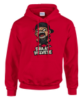 Arg tecknad figur med "Dra åt helvete"-text på röd Gildan Heavy Blend hoodie.