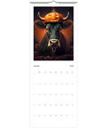 Svart tjur med halloweenpumpa på huvudet, orange bakgrund, Väggkalender 2026.