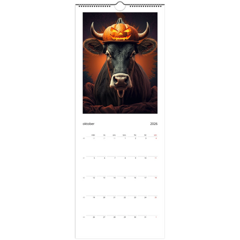 Svart tjur med halloweenpumpa på huvudet, orange bakgrund, Väggkalender 2026.