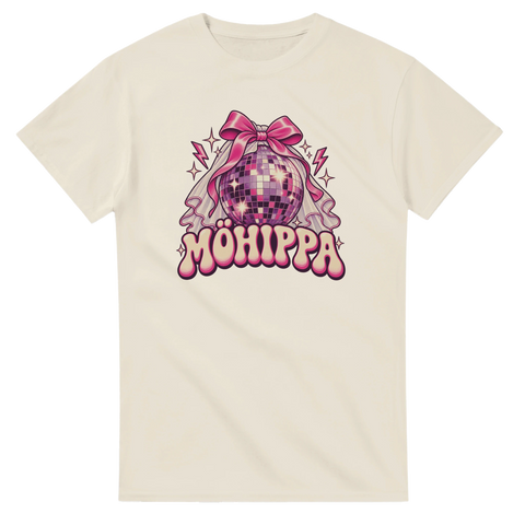 T-shirt med rosa discokula, rosett, brudslöja och texten Möhippa