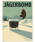 Grafisk illustration av en björn som hoppar bomb i ett glas – vintage poster