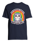 Humoristisk t-shirt med marinblå bas och tryck av en optimistisk katt i kaos