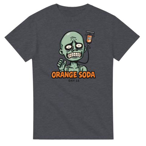 Zombie med Spotify-dropp, text "ORANGE SODA DAY 15", på mörkgrå t-shirt.