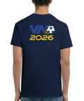 Klassiskt supportertryck VM 2026 i blått och gult på mörkblå t-shirt
