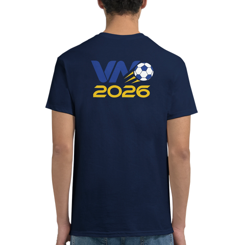 Klassiskt supportertryck VM 2026 i blått och gult på mörkblå t-shirt