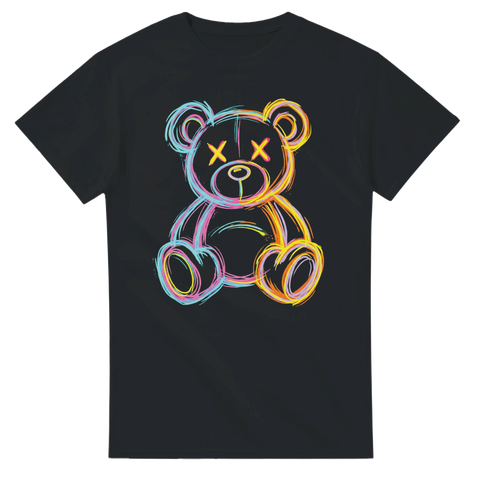 Grafisk illustration av en teddybjörn i neonfärgad linjekonst – streetwear t-shirt