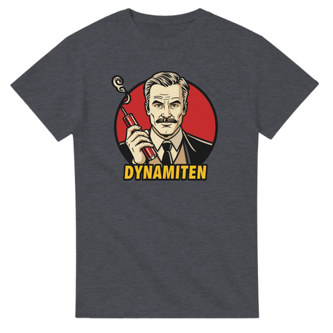 Vintage inspirerat tryck av dynamitgubbe och rykande stubin – mörkgrå t-shirt
