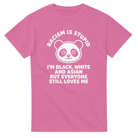 Humoristiskt antirasism-tryck med en panda på rosa t-shirt