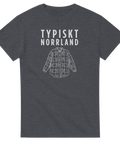Typiskt Norrland" text och rutig skjorta tryck på mörkgrå t-shirt.