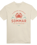 Beige t-shirt med grafisk illustration av en krabba i retrostil