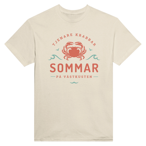 Beige t-shirt med grafisk illustration av en krabba i retrostil