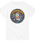 Vit t-shirt med färgstarkt retromotiv av ett spöke med nattmössa och ljus