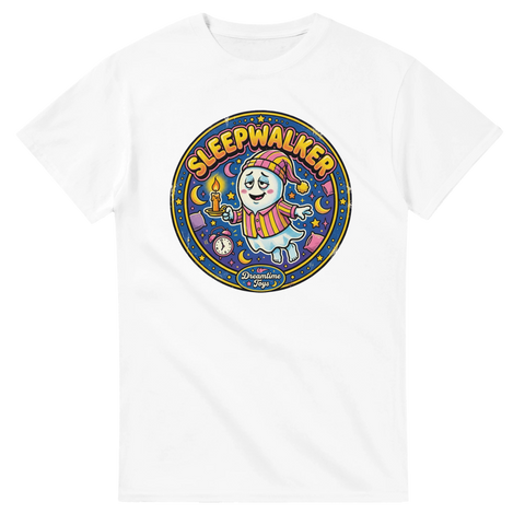 Vit t-shirt med färgstarkt retromotiv av ett spöke med nattmössa och ljus