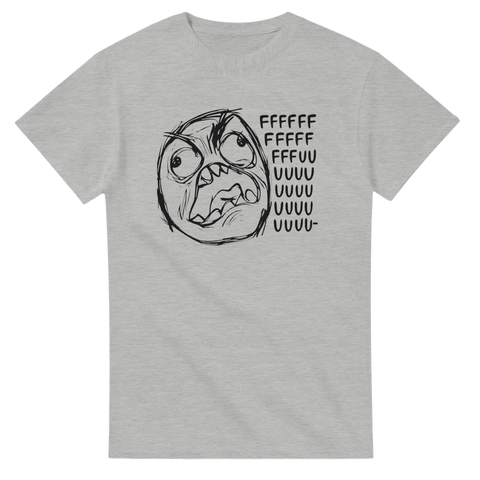 Ikoniskt Rage Guy ansikte med argt uttryck på en gråmelerad t-shirt