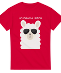 Lama med solglasögon och texten "NO DRAMA, BITCH" på röd T-shirt.