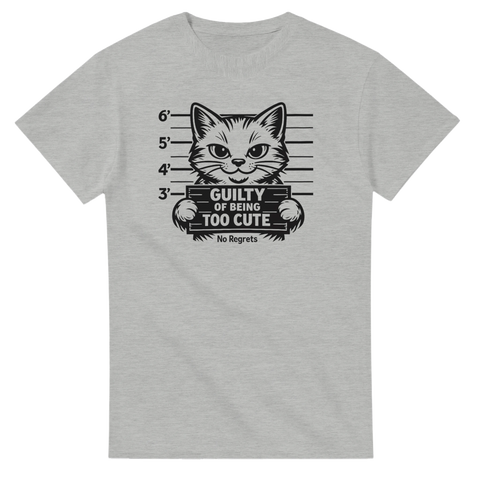 Söt katt i mugshot med text "Guilty of Being Too Cute" och "No Regrets" på grå t-shirt.