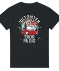 Retro illustration av jultomten med peppande citat på svart t-shirt