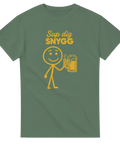 Militärgrön t-shirt med skämtsamt budskap och grafiskt öl-tryck