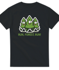 Animerade löpande granar med texten Run Forest Run – grafisk t-shirt