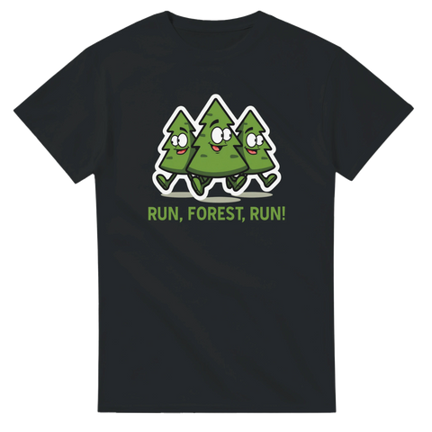 Animerade löpande granar med texten Run Forest Run – grafisk t-shirt