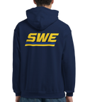 Sportigt SWE-ryggtryck i gult och blått på en marinblå hoodie