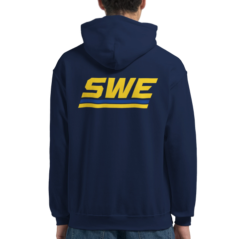 Sportigt SWE-ryggtryck i gult och blått på en marinblå hoodie