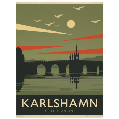 Närbild på en stadsposter av Karlshamn med texten Still Standing, visad som en stilren väggdekoration i ett hem.