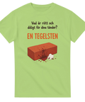 Illustration av en blodig tegelsten med rolig text på grön t-shirt