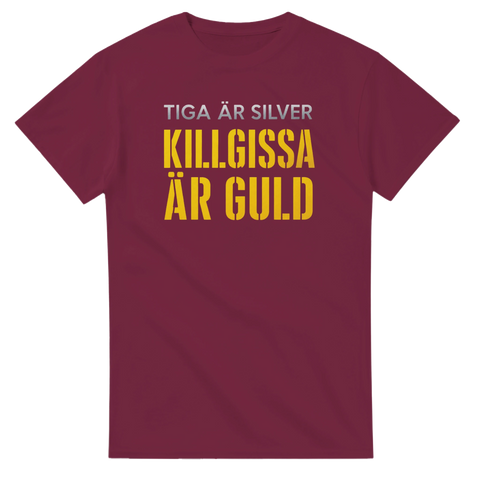 Rolig t-shirt för den som gissar med stil – vinröd modell med gult tryck