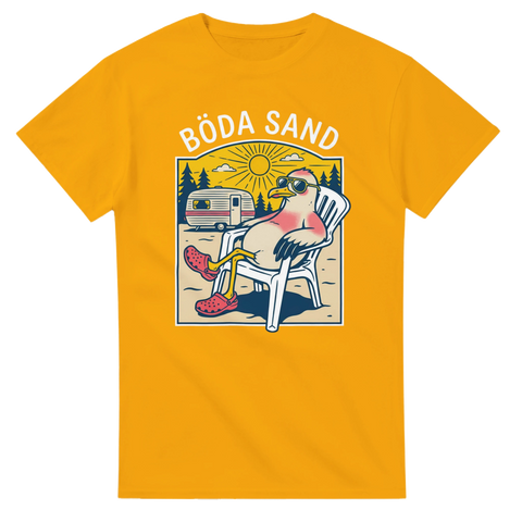 Somrig illustration av en mås med solglasögon och husvagn – gul t-shirt