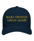 Djupblå retro keps med guldigt broderi och texten Make Sweden Great again 