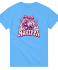 Ljusblå t-shirt med texten ”Möhippa”, discokula, rosa rosett och brudslöja.