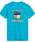Jag älskar polisen" t-shirt med tecknad rumpa i polismössa på ljusblå t-shirt.