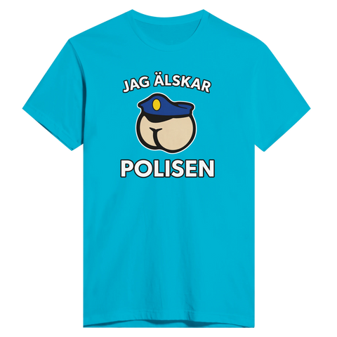 Jag älskar polisen" t-shirt med tecknad rumpa i polismössa på ljusblå t-shirt.