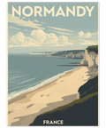 Närbild på en travel poster föreställande Frankrikes kustlandskap i mjuka pastellfärger med vintagegrafik.