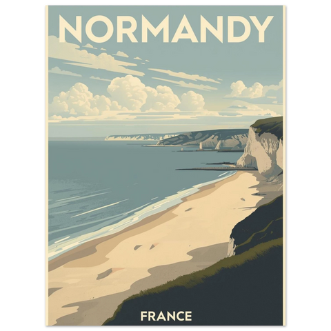 Närbild på en travel poster föreställande Frankrikes kustlandskap i mjuka pastellfärger med vintagegrafik.