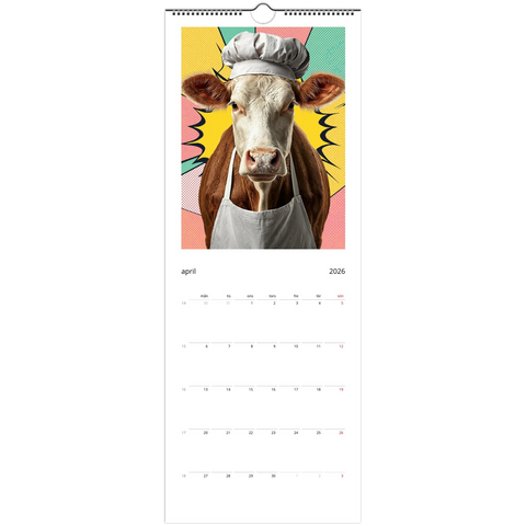 Väggkalender 2026 med popkonst-ko i kockmössa och förkläde på rosa/gul bakgrund.