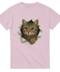Ljusrosa t-shirt med samma 3D-kattmotiv: katten bryter sig ut ur tröjan.

