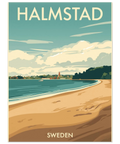 Retro illustration av Halmstads kustlinje som dekorativ reseposter