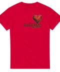 Rött hjärta i 3D-stil med texten Hjärtat till vänster på röd t-shirt