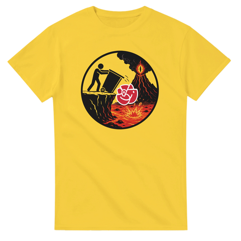 Illustration av politisk ros som kastas i vulkan – gul grafisk t-shirt