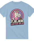 Ljusblå t-shirt med humoristiskt enhörningsmotiv och texten Tjejer luktar bajs