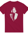 Modern illustration av Magdalena Andersson på en vinröd t-shirt