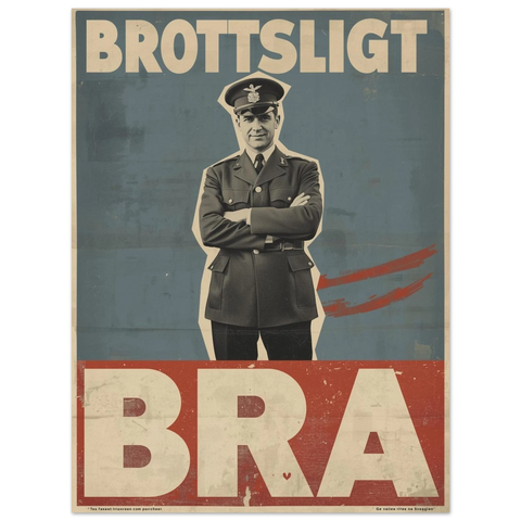 Grafisk poster med en polis i uniform med korsade armar, texten BROTTSLIGT BRA och sliten retroeffekt.