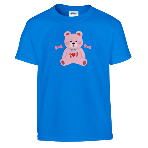 Rosa nalle med rosetter och hjärta – blå t-shirt för barn