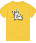 Gul t-shirt med en kanin och en groda med hjärta och texten Nämen snygging.