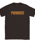 Aptitretande illustration av ordet Pommes fyllt med strips på en mörkbrun t-shirt