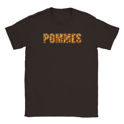 Aptitretande illustration av ordet Pommes fyllt med strips på en mörkbrun t-shirt