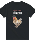 T-shirt med en höna i basker och texten “Charles-Ingvar Hönsson” – parodi på Jönssonligans ledare.