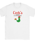 Vit t-shirt med färgglad tupp och texten “Cock’s – The reason I get up in the morning”